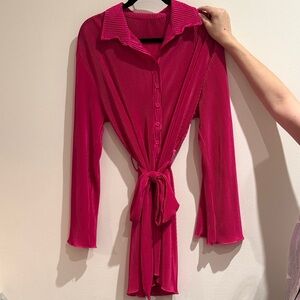 Fuchsia Pleated Button-Front Tie-Waist Dress